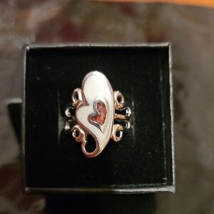 Silver Tone Heart Ring with White And Red Accents, Sz 5, NWOT